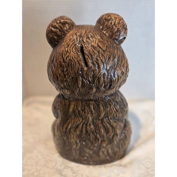 Vintage Brown Teddy Bear Ceramic Coin Bank 11.5” Hand Painted w Brown Eyes Super - Picture 7 of 7
